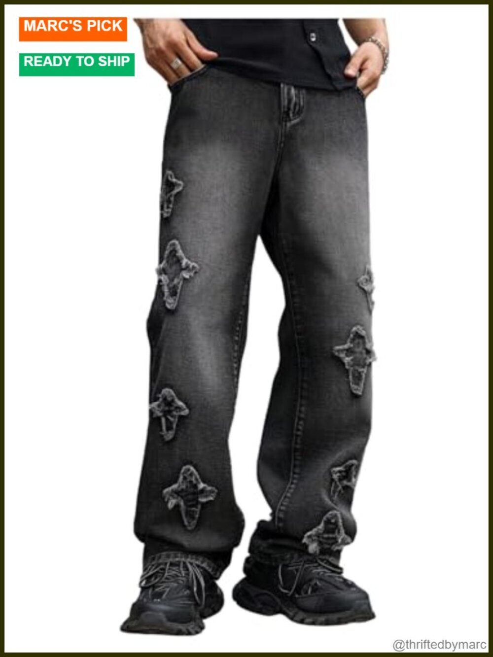 Men's Y2K Baggy Jeans Low Rise Wide Leg Hip Hop Streetwear Grunk Punk Patch